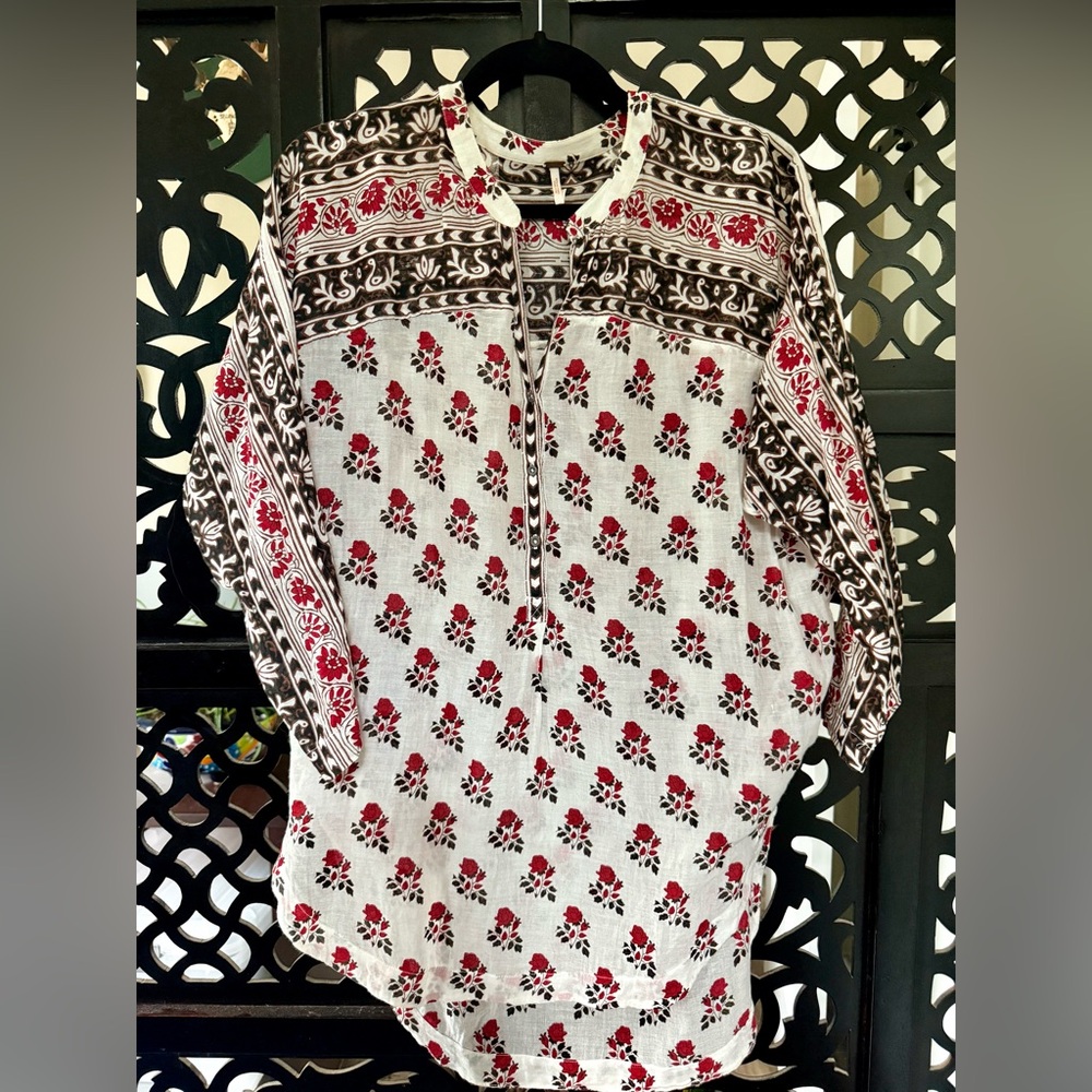 Free People Romantic Dolman Sleeve Rose Print Tunic 100% Cotton